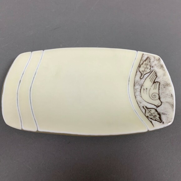 Lynn Latimer Tray Trinket Dish Fused Art Glass Bird Yellow White Brown Signed - Picture 10 of 11